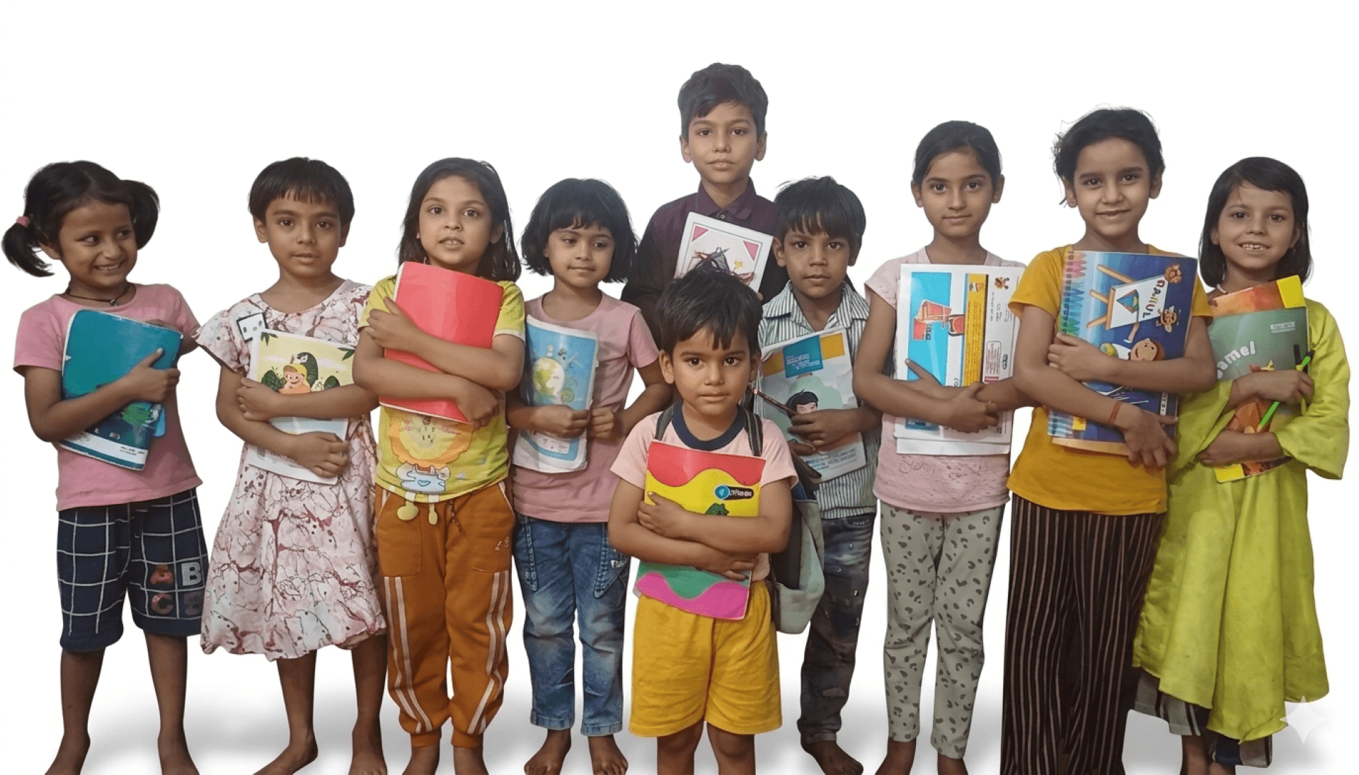Children hold their notebooks, ready for the school day, thanks to Shikshadwar Foundation donors
